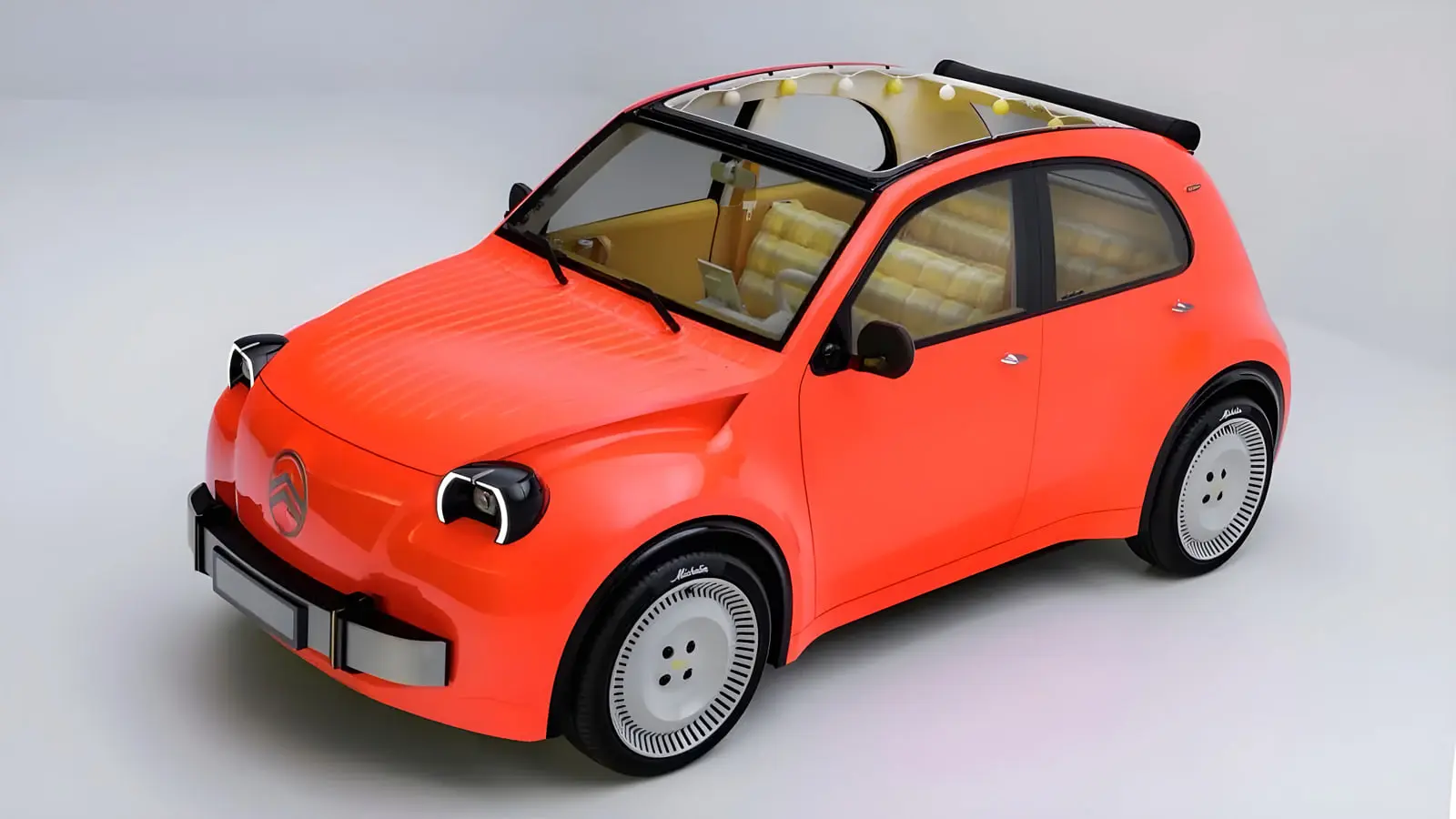 خودروی نارنجی رنگ سیتروئن (Citroën 2CV) با پیشرانه‌ی الکتریکی و سقف شیشه‌ای
