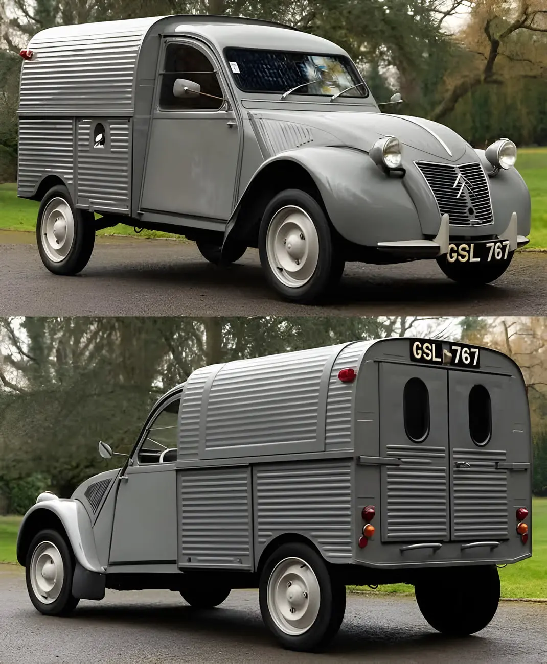 خودرو کلاسیک سیتروئن (Citroën) 2CV مدل فورگونت با بدنه خاکستری