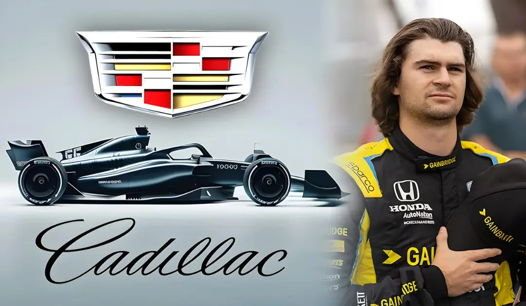 کولتون هرتا (Colton Herta) در کنار خودروی فرمول یک کادیلاک (Cadillac)