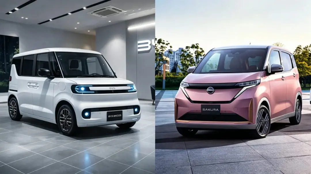 نمای کنار هم دو خودروی برقی کوچک سفید BYD و صورتی Nissan Sakura در محیط‌های مختلف.
