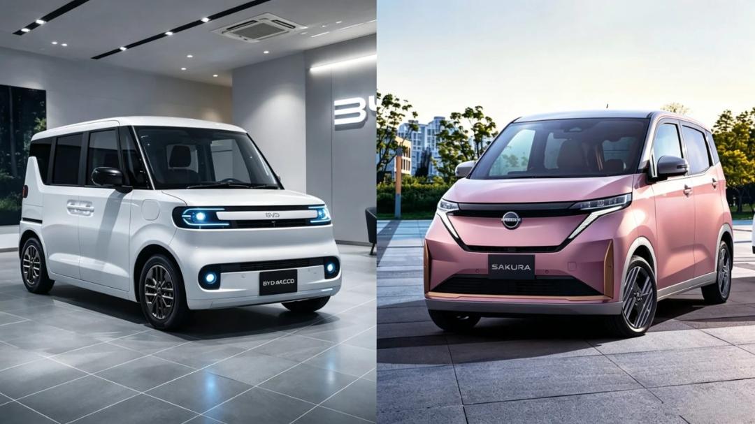 نمای کنار هم دو خودروی برقی کوچک سفید BYD و صورتی Nissan Sakura در محیط‌های مختلف.