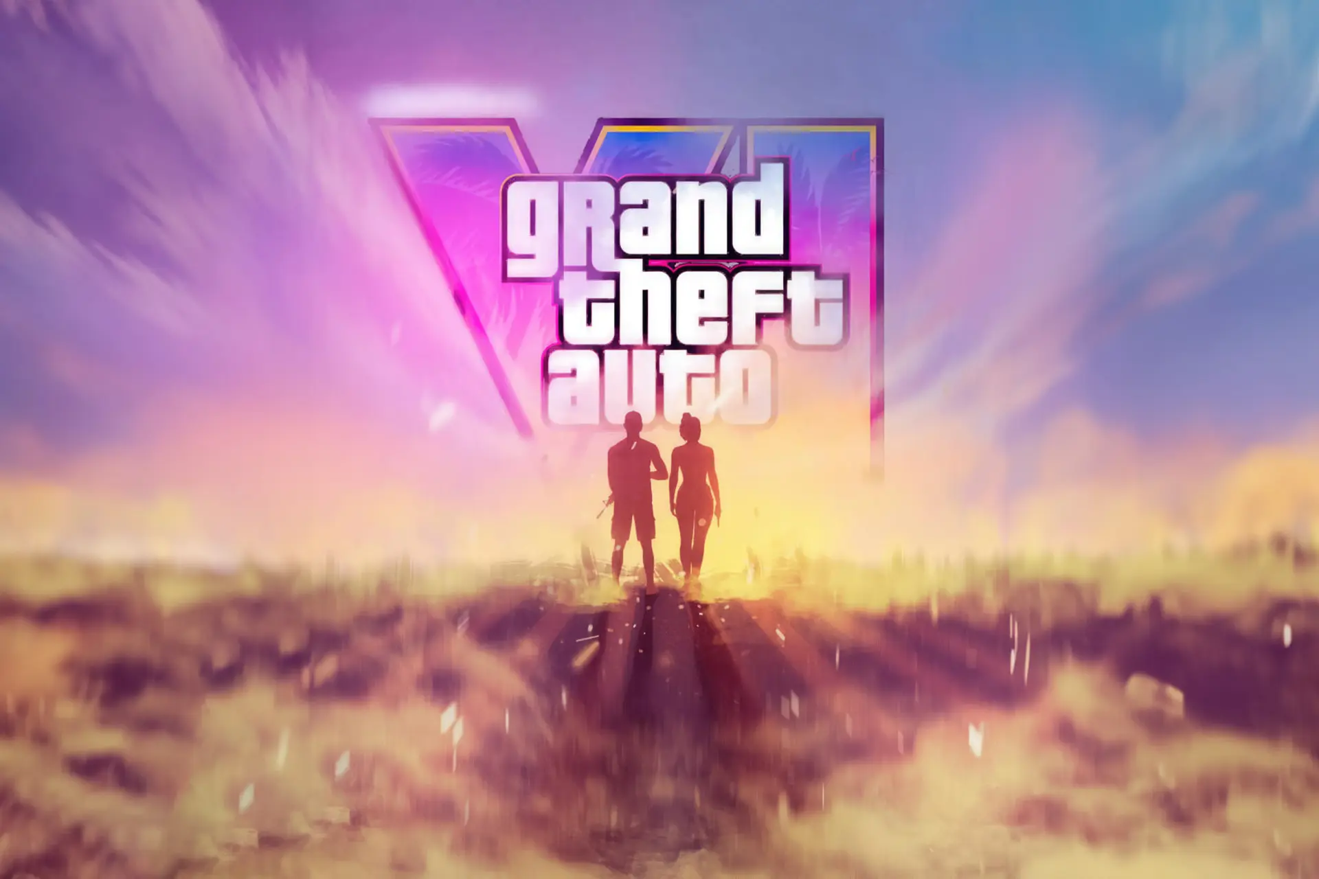 لوگوی بازی Grand Theft Auto VI (GTA 6) بالای سر دو شخصیت در یک فضای هنری