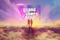 لوگوی بازی Grand Theft Auto VI (GTA 6) بالای سر دو شخصیت در یک فضای هنری
