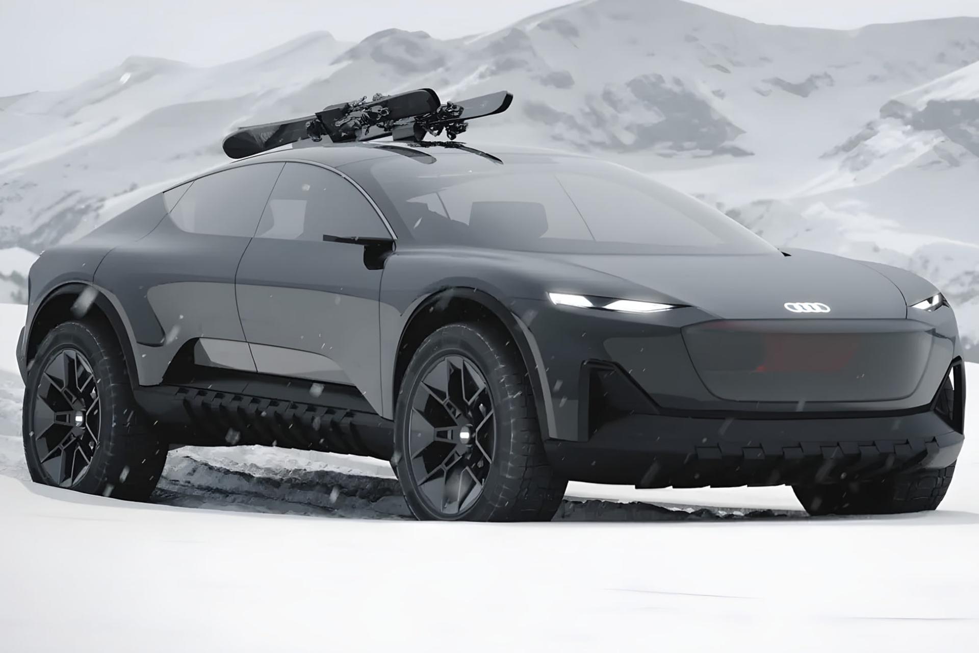 خودروی مفهومی آئودی (Audi) با تجهیزات اسکی در محیط کوهستانی برفی