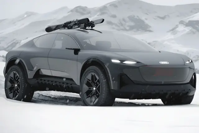 خودروی مفهومی آئودی (Audi) با تجهیزات اسکی در محیط کوهستانی برفی