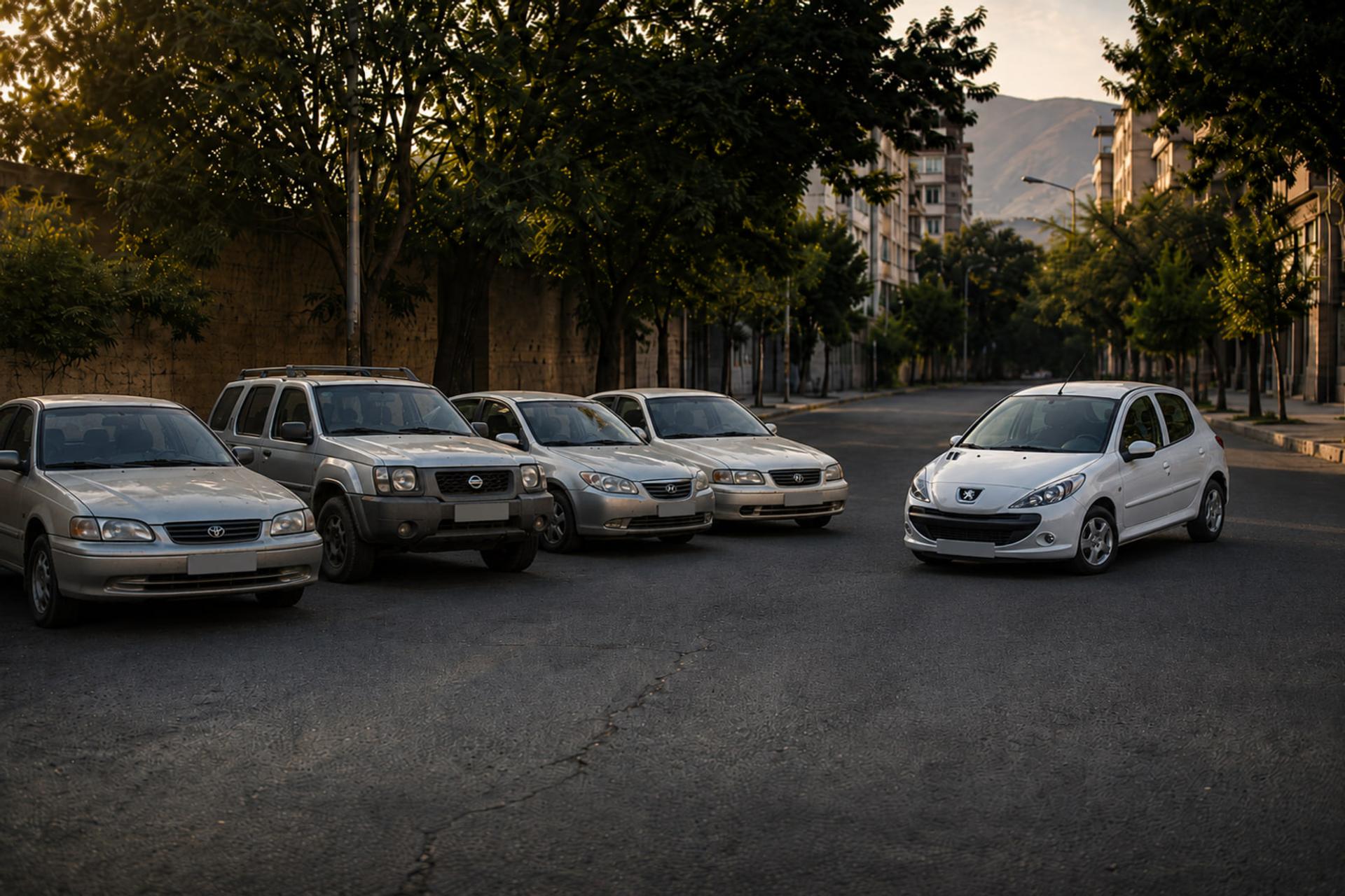 خودروهای قدیمی و کثیف در کنار یک خودروی سفید پژو (Peugeot) در خیابان