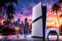 کنسول پلی‌استیشن ۵ (PlayStation 5) و دسته بازی در کنار خودروی اسپرت و شهر ساحلی