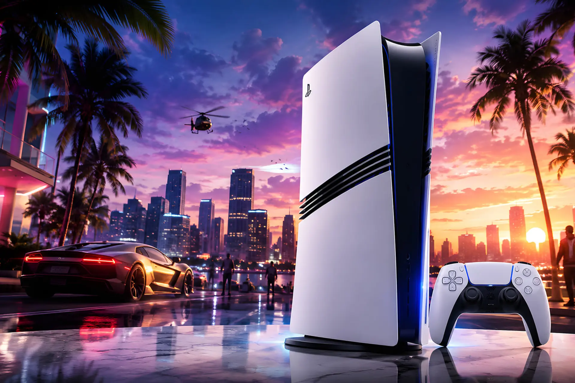 کنسول پلی‌استیشن ۵ (PlayStation 5) و دسته بازی در کنار خودروی اسپرت و شهر ساحلی