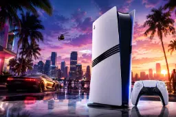 کنسول پلی‌استیشن ۵ (PlayStation 5) و دسته بازی در کنار خودروی اسپرت و شهر ساحلی