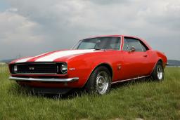 شورولت کامارو (Chevrolet Camaro) قرمز با خطوط سفید در چمنزار