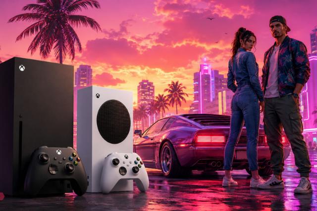 کنسول‌های ایکس‌باکس (Xbox) و کنترلرهای گیمینگ در پس‌زمینه بازی GTA 6