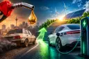 خودروی برقی در حال شارژ در کنار خودروی قدیمی با دود موتور