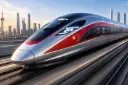 قطار مغناطیسی (Maglev) با طرح پرچم چین در حال حرکت در مسیر ریلی  high speed china train