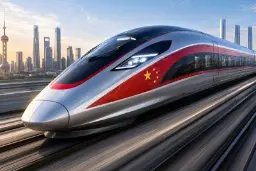 قطار مغناطیسی (Maglev) با طرح پرچم چین در حال حرکت در مسیر ریلی  high speed china train