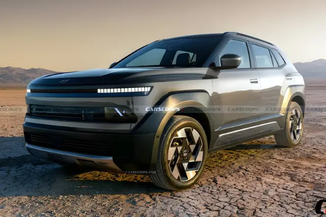 خودروی هیوندای کونا (Hyundai Kona) با طراحی بدنه خشن و مدرن در بیابان