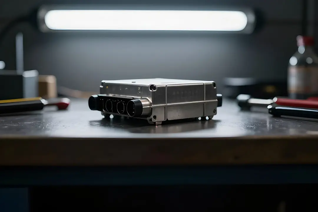 واحد کنترل الکترونیکی (ECU) خودرو روی میز کار تعمیرات