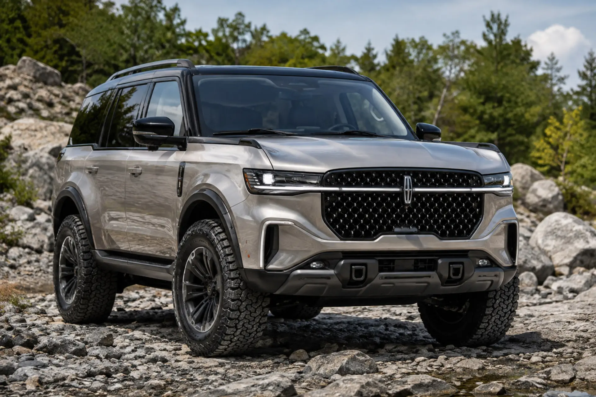 شاسی‌بلند لینکلن (Lincoln) با تایر آفرود در مسیر سنگی
