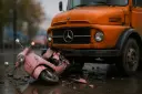 موتورسیکلت صورتی آسیب‌دیده در برخورد با جلوی کامیون نارنجی مرسدس (Mercedes)