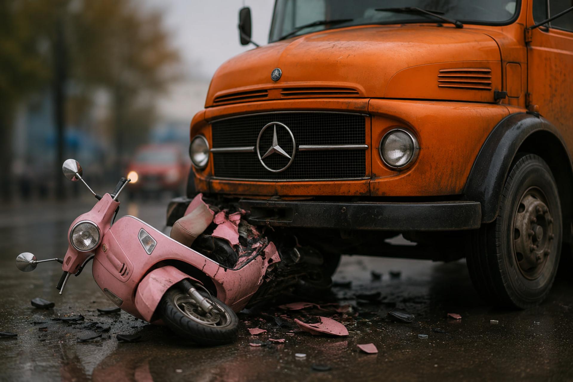موتورسیکلت صورتی آسیب‌دیده در برخورد با جلوی کامیون نارنجی مرسدس (Mercedes)