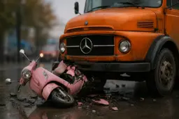 موتورسیکلت صورتی آسیب‌دیده در برخورد با جلوی کامیون نارنجی مرسدس (Mercedes)