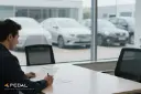 مردی در حال امضای اسناد و مدارک خرید خودرو در نمایشگاه