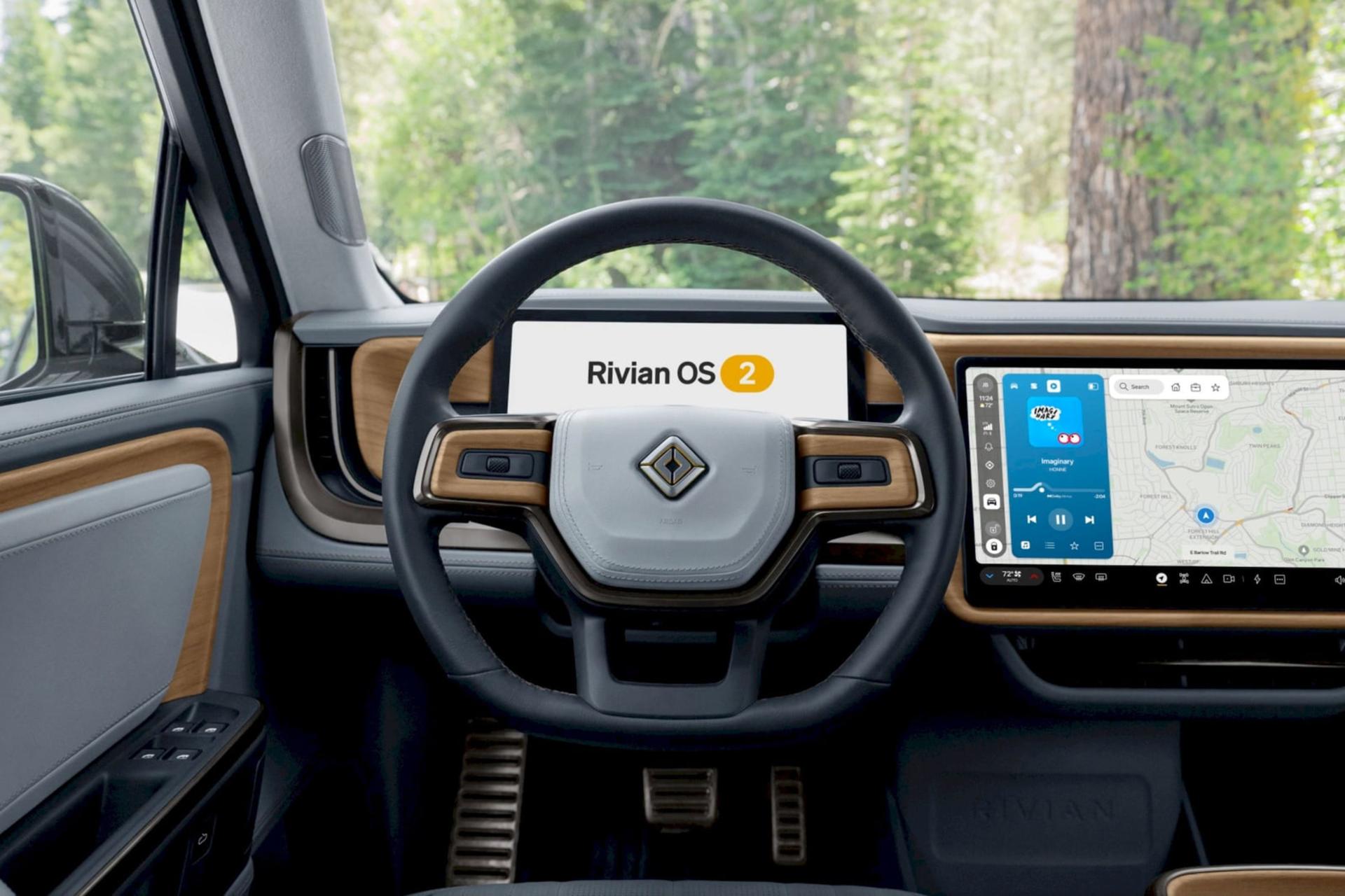 نمای داخلی کابین خودروی ریویان (Rivian) با سیستم‌عامل Rivian OS 2