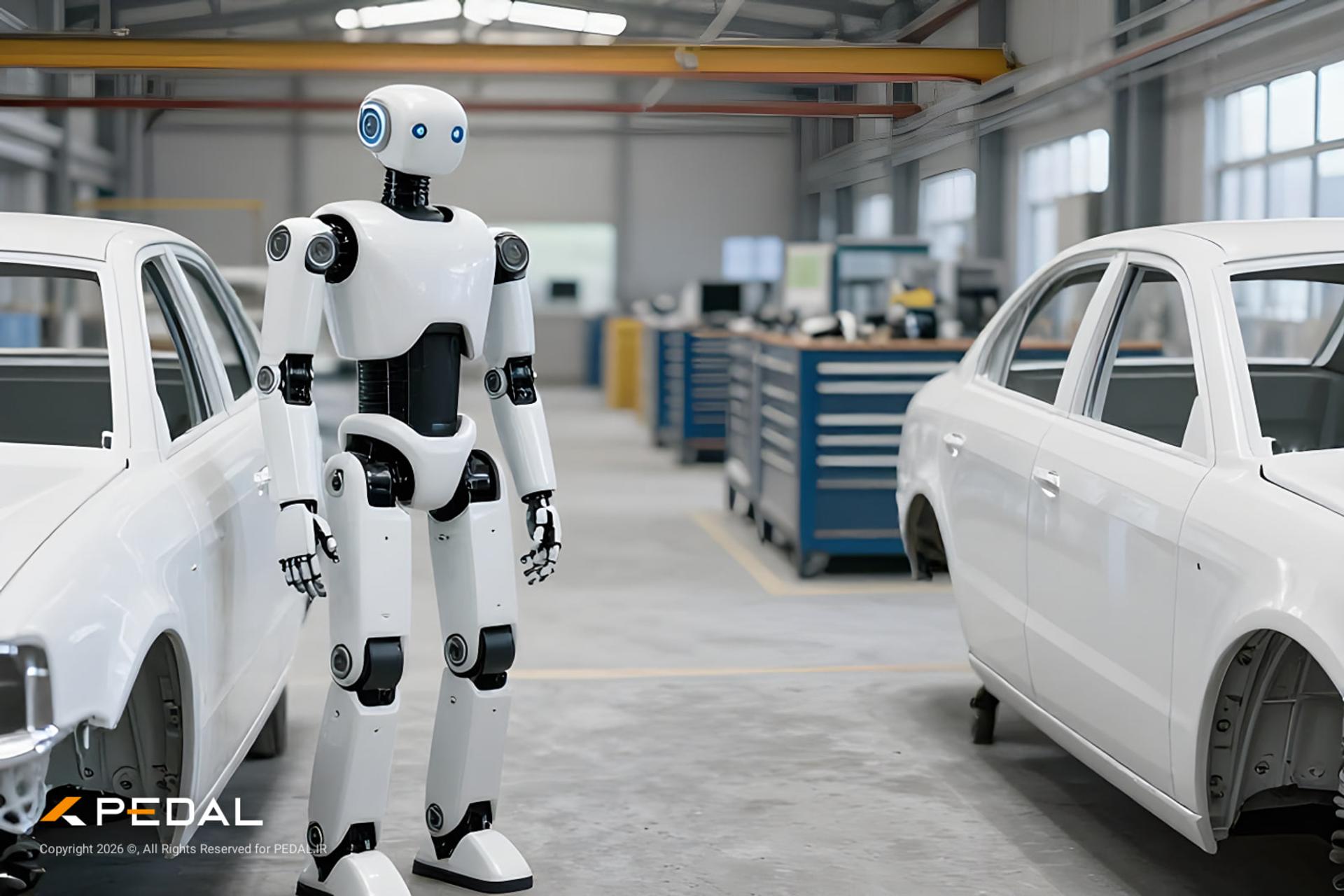 ربات انسان‌نما (Humanoid Robot) در میان خودروهای سفید در کارخانه خودروسازی