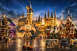 لگو دابی (Dobby) در مقابل قلعه هاگوارتز (Hogwarts) و ساختمان‌های لگویی