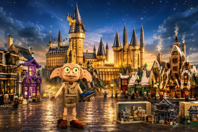 لگو دابی (Dobby) در مقابل قلعه هاگوارتز (Hogwarts) و ساختمان‌های لگویی