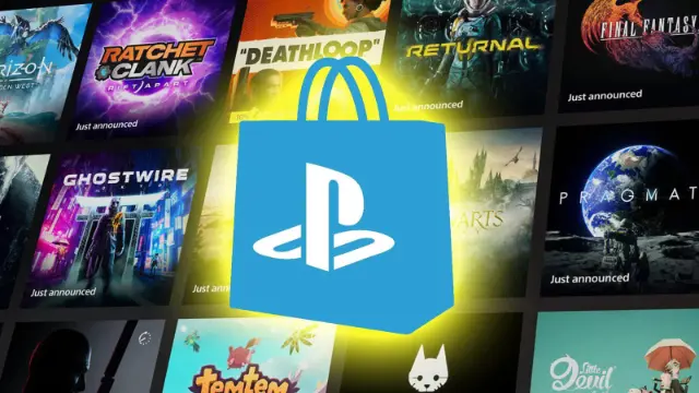 لوگوی پلی‌استیشن (PlayStation) روی پس‌زمینه‌ای از پوسترهای بازی‌های ویدیویی