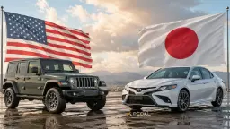 خودروهای جیپ (Jeep) آمریکایی و تویوتا (Toyota) ژاپنی در کنار پرچم‌های دو کشور