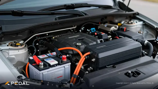 باتری ۱۲ ولتی (12V Battery) و قطعات موتور در محفظه خودروی هیبریدی