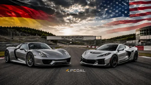 خودروهای پورشه 918 (Porsche 918 Spyder) و شورولت کوروت (Chevrolet Corvette) در پیست نوربرگ‌رینگ