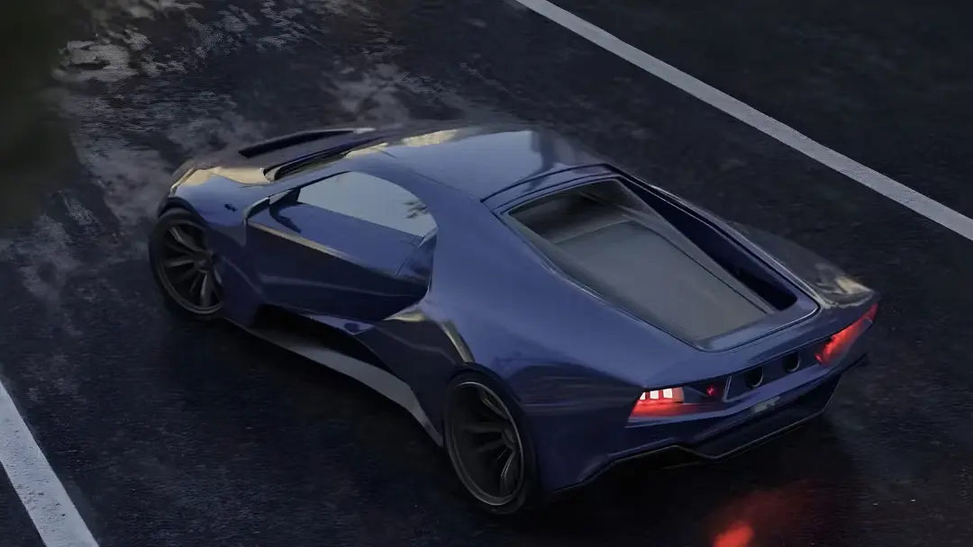 خودرو فورد GT (Ford GT) با رنگ آبی در جاده بارانی