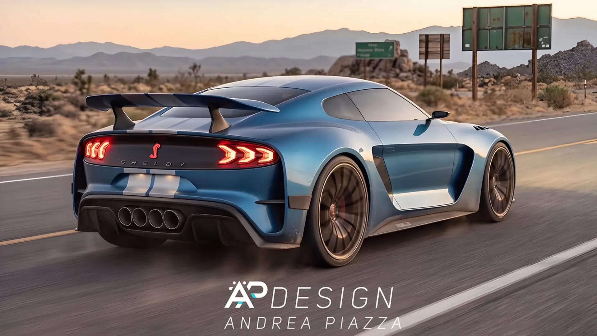 خودروی شلبی کبرا (Shelby Cobra) با طراحی مدرن در حال حرکت در جاده