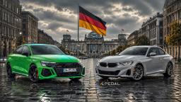 خودروهای آئودی RS3 (Audi RS3) سبز و بی‌ام‌و M240i نقره‌ای در خیابان آلمان