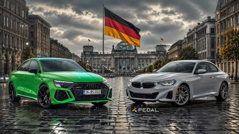 خودروهای آئودی RS3 (Audi RS3) سبز و بی‌ام‌و M240i نقره‌ای در خیابان آلمان