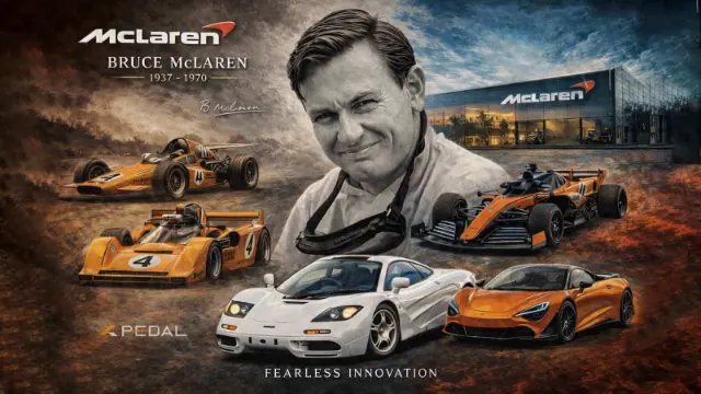 خودروهای مسابقه‌ای و سوپرکار مکلارن (McLaren) در کنار چهره بروس مکلارن (Bruce McLaren)