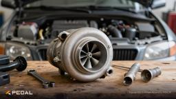 توربوشارژر (Turbocharger) خودرو روی میز کار در کنار ابزارآلات تعمیراتی