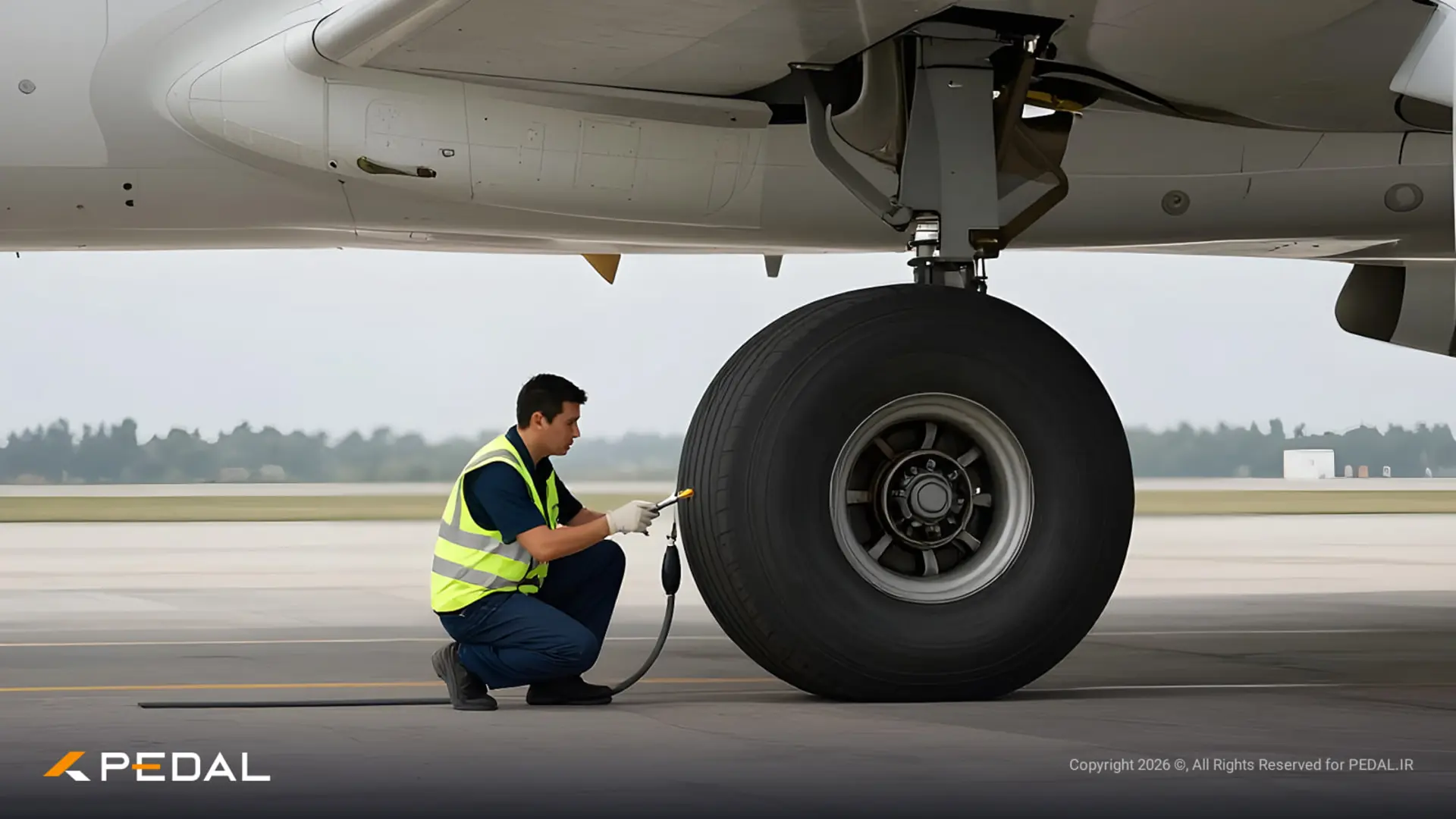 لاستیک هواپیما (Aircraft Tire) در حال بررسی فشار توسط تکنسین