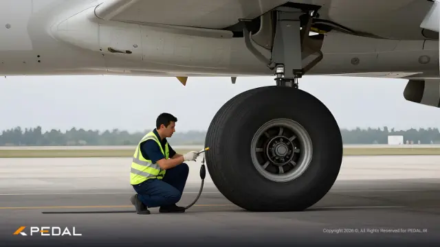 لاستیک هواپیما (Aircraft Tire) در حال بررسی فشار توسط تکنسین
