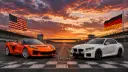 خودروهای اسپرت کوروت (Corvette) نارنجی و بی ام و (BMW) سفید در پیست مسابقه