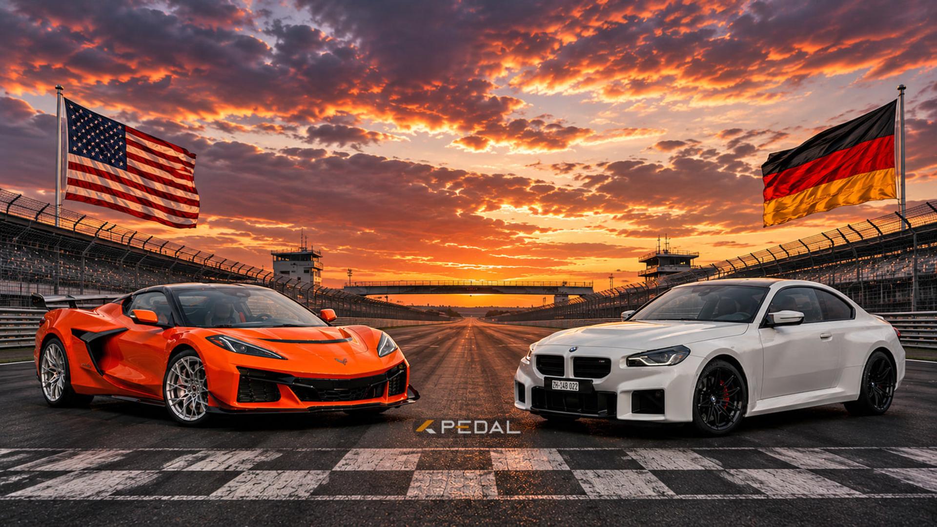 خودروهای اسپرت کوروت (Corvette) نارنجی و بی ام و (BMW) سفید در پیست مسابقه