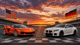 خودروهای اسپرت کوروت (Corvette) نارنجی و بی ام و (BMW) سفید در پیست مسابقه