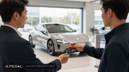 دست‌های دو مرد در حال تحویل دادن کلید خودروی شیائومی (Xiaomi) در نمایشگاه