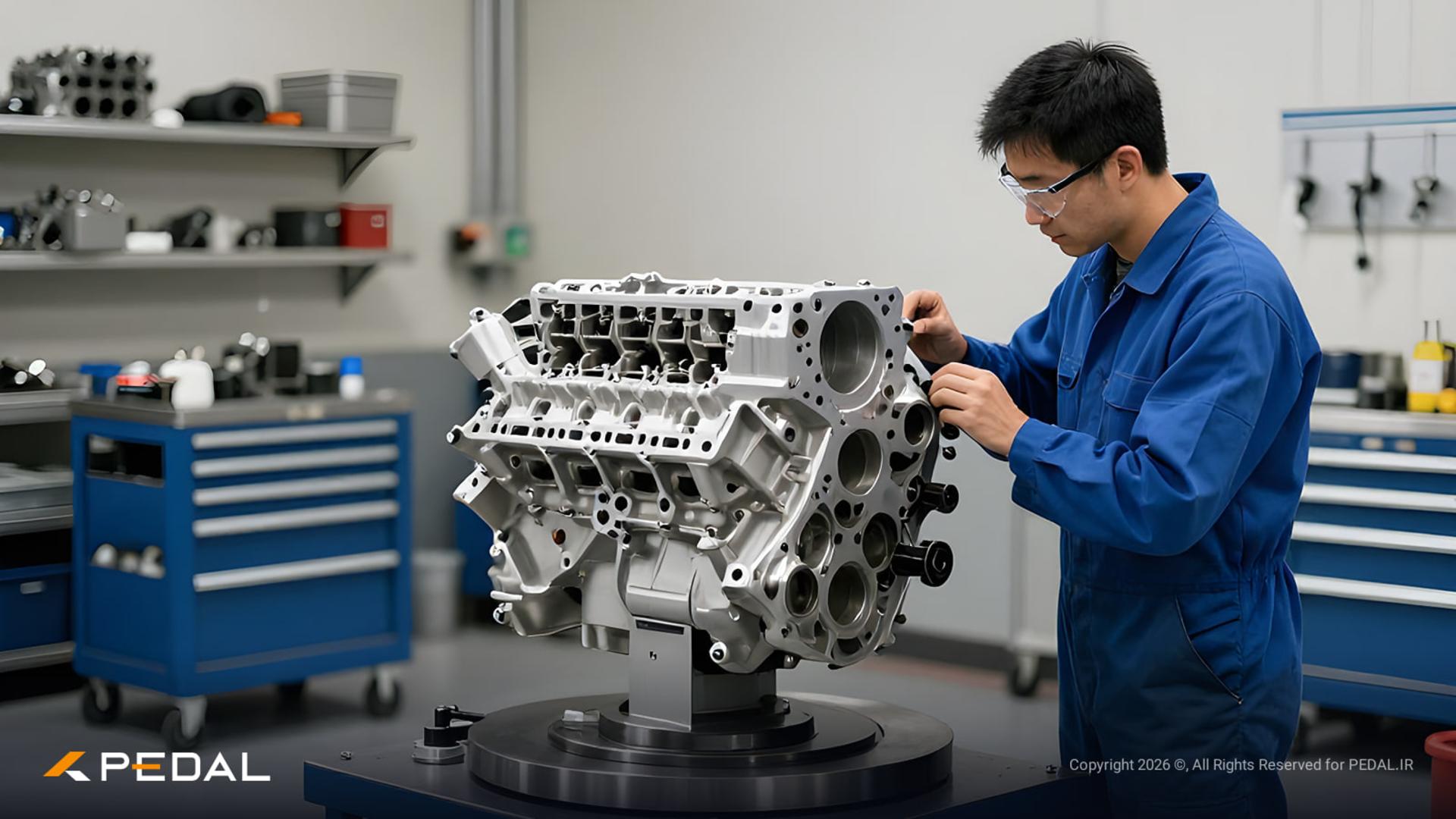 بلوک موتور بیلت (Billet Engine Block) روی دستگاه در کارگاه صنعتی