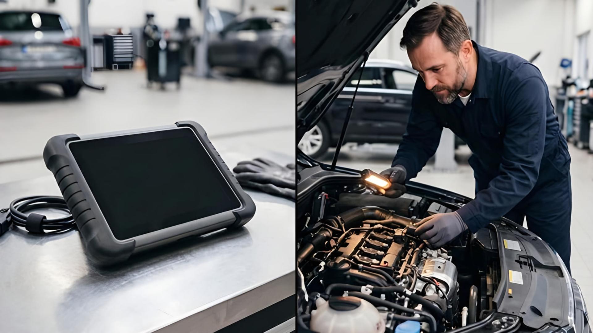 دستگاه دیاگ (Diagnostic Tool) روی میز کار در کنار موتور خودرو