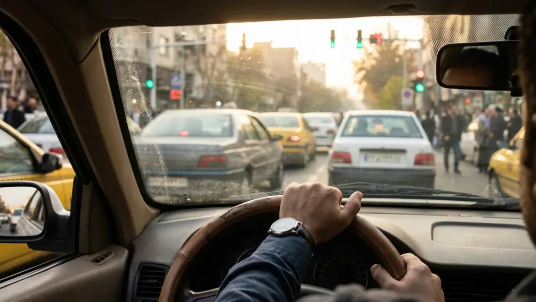 نمای از پشت فرمان خودرو در ترافیک سنگین خیابان‌های شهری