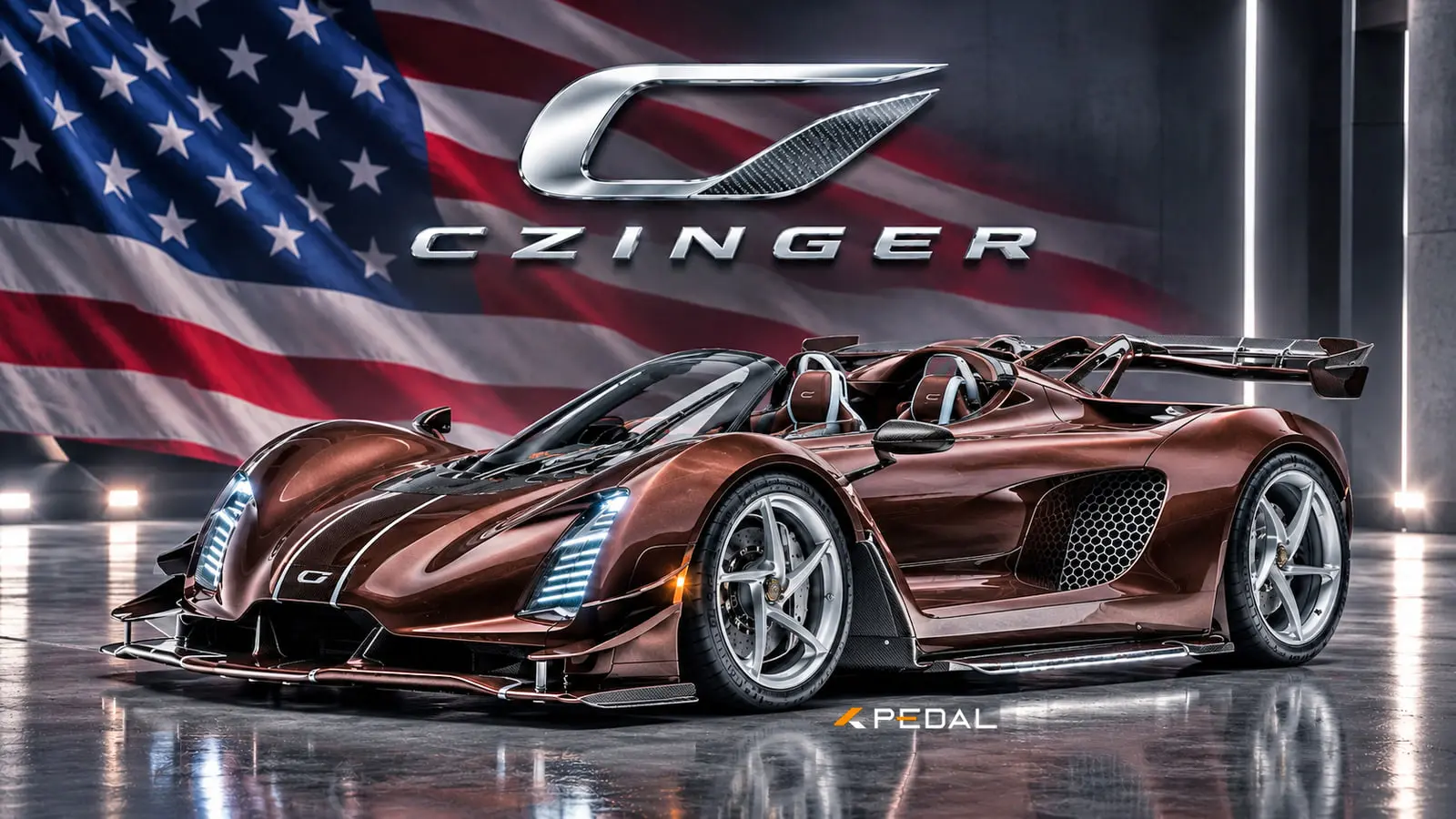 ابرخودروی زینگر 21C اسپایدر (Czinger 21C Spider) با بدنه قهوه‌ای متالیک در استودیو