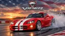 خودروی دوج وایپر (Dodge Viper) قرمز با خطوط سفید در حال حرکت در پیست مسابقه